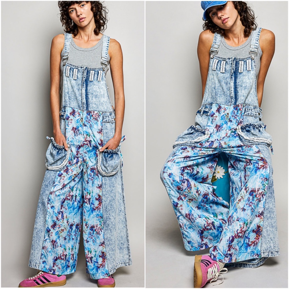 POL Acid Wash Floral Print Pockets Wide leg Denim Jean Bib Overalls - Picture 1 of 5